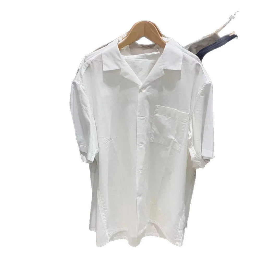 Men's beige open collar modal cotton shirt with cardigan style and collage stitching