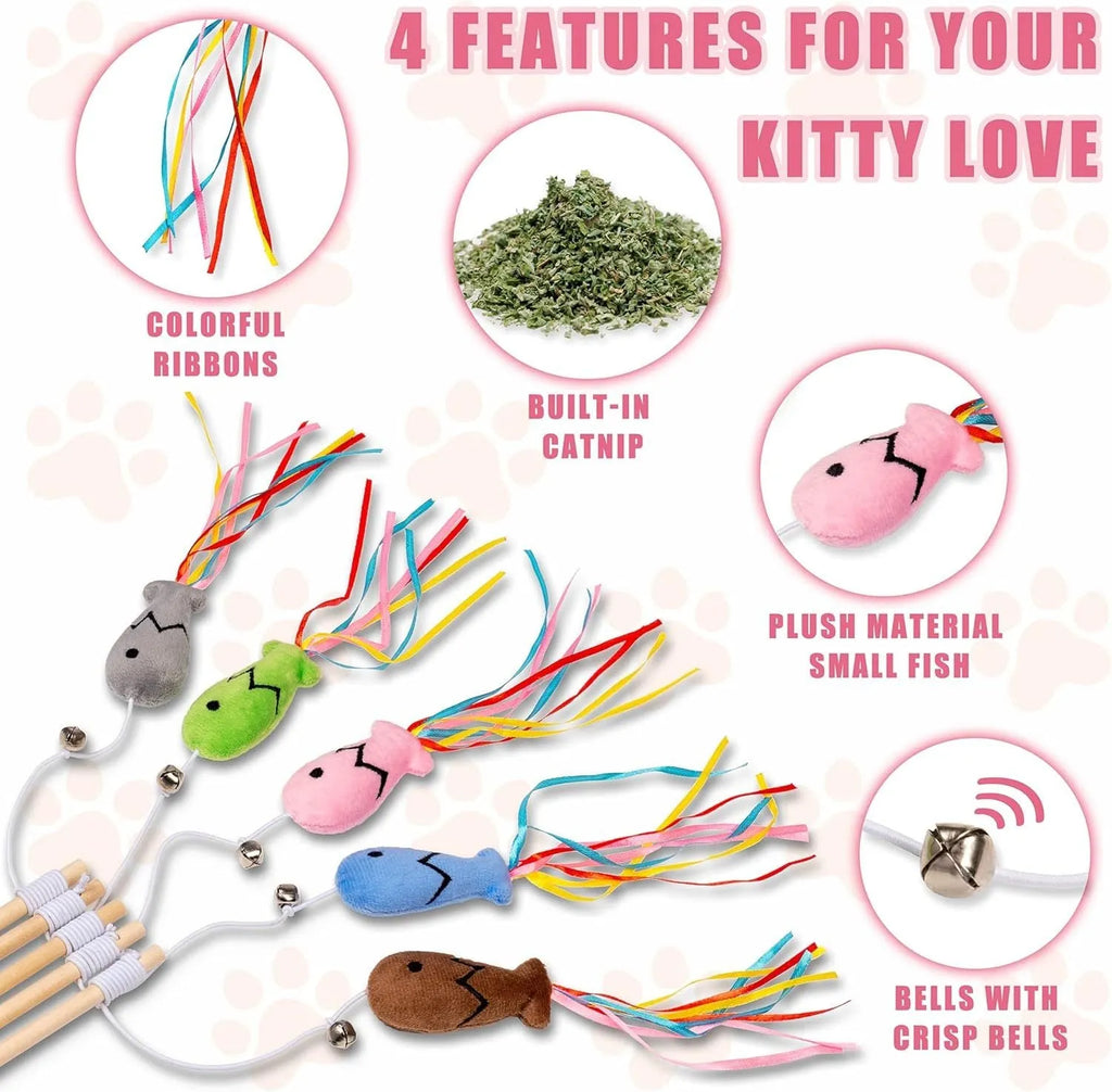 Interactive cat wand toy with colourful ribbons, catnip fish, and bell on a wooden handle