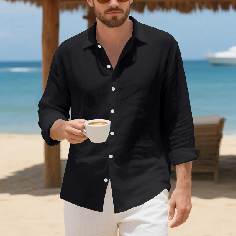 Linen casual shirt in loose fit style shown in Army Green colour with non-ironing finish