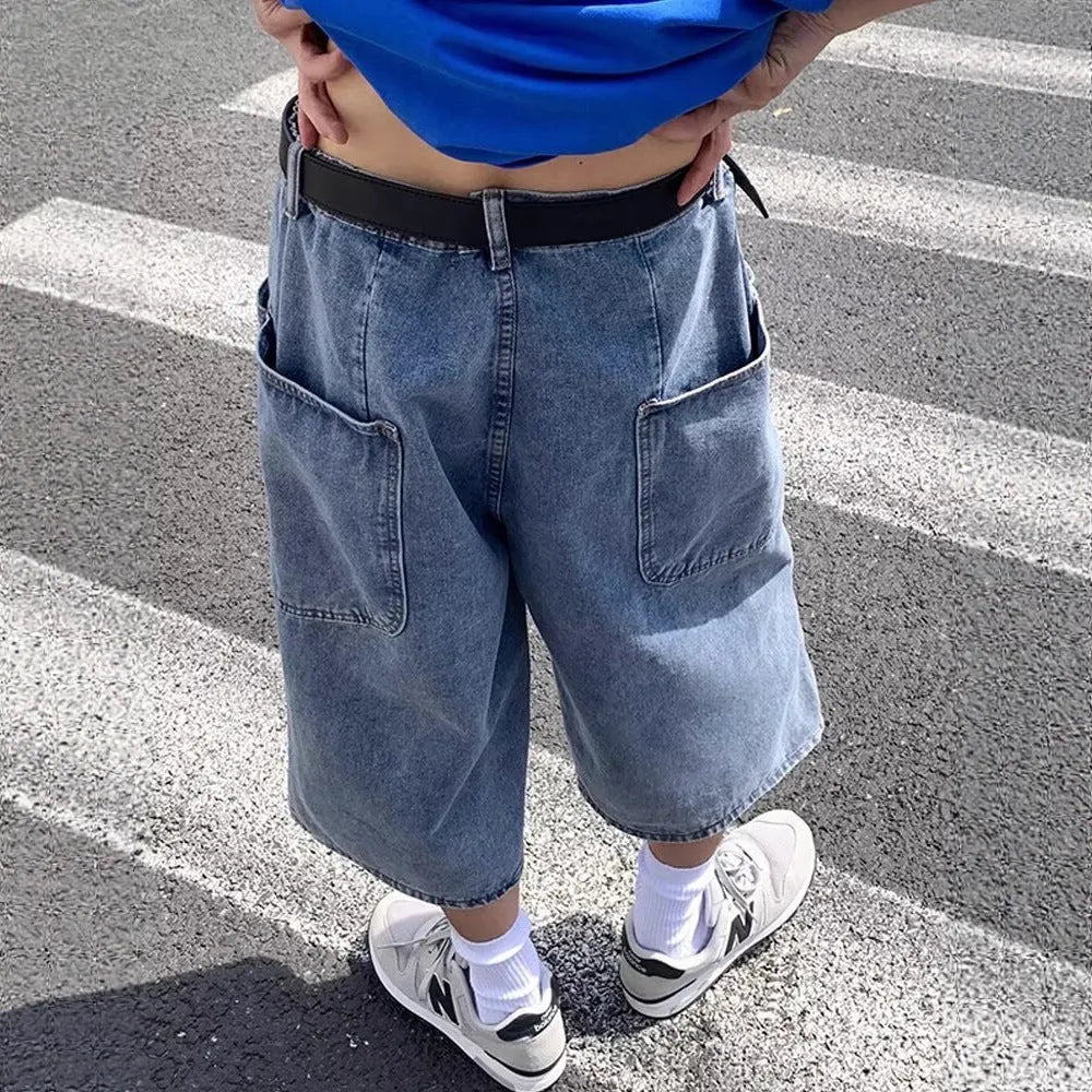 Men's blue washed denim pirate shorts with high waist and cropped straight-leg design