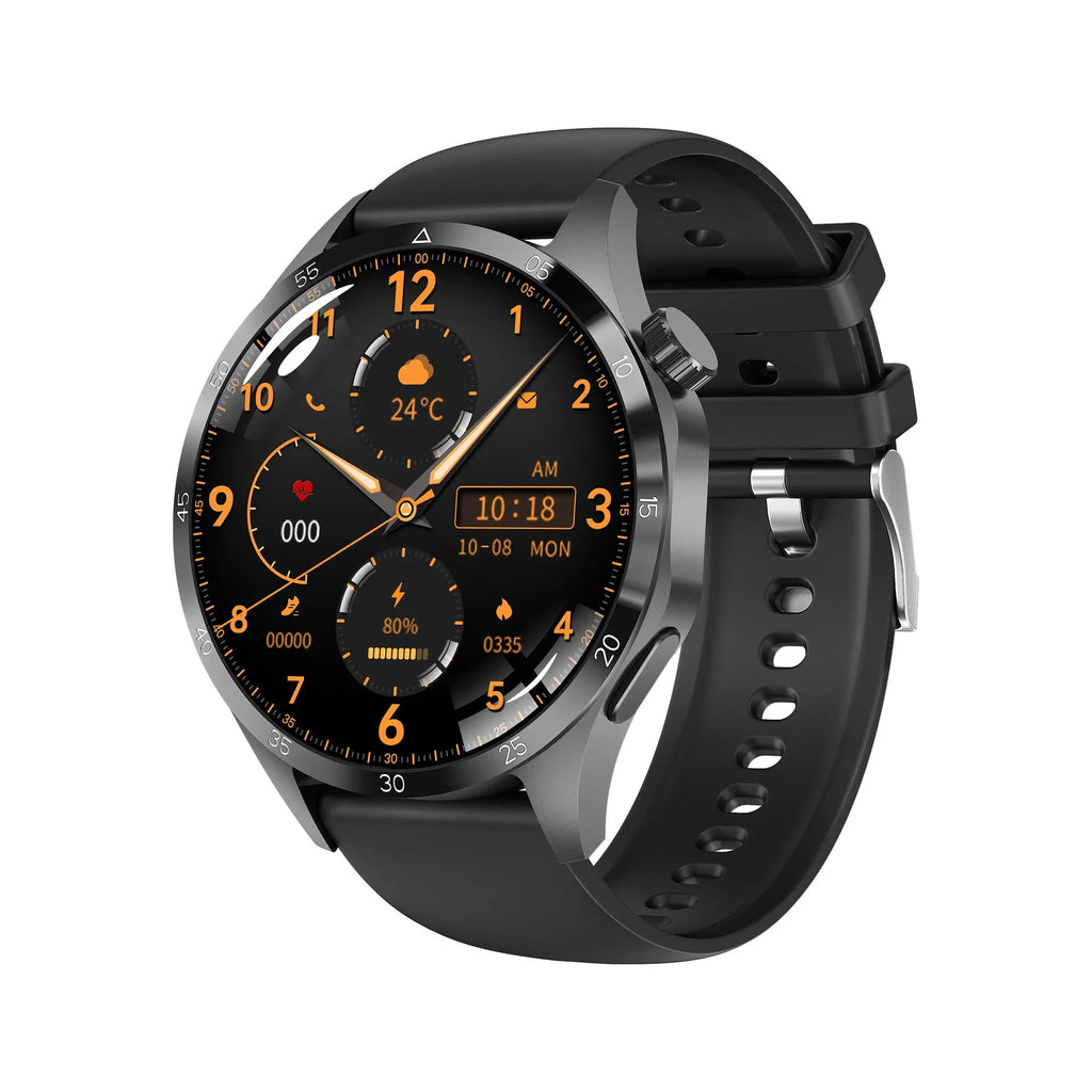 Black smartwatch with Bluetooth calling and health tracking features on a silicone strap.