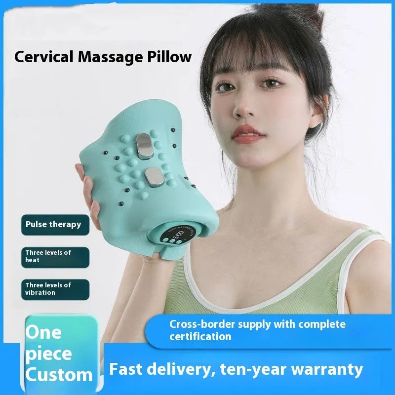 Blue-green cervical spine massage pillow showing portable 17cm design with EMS pulse massage and heat therapy functions