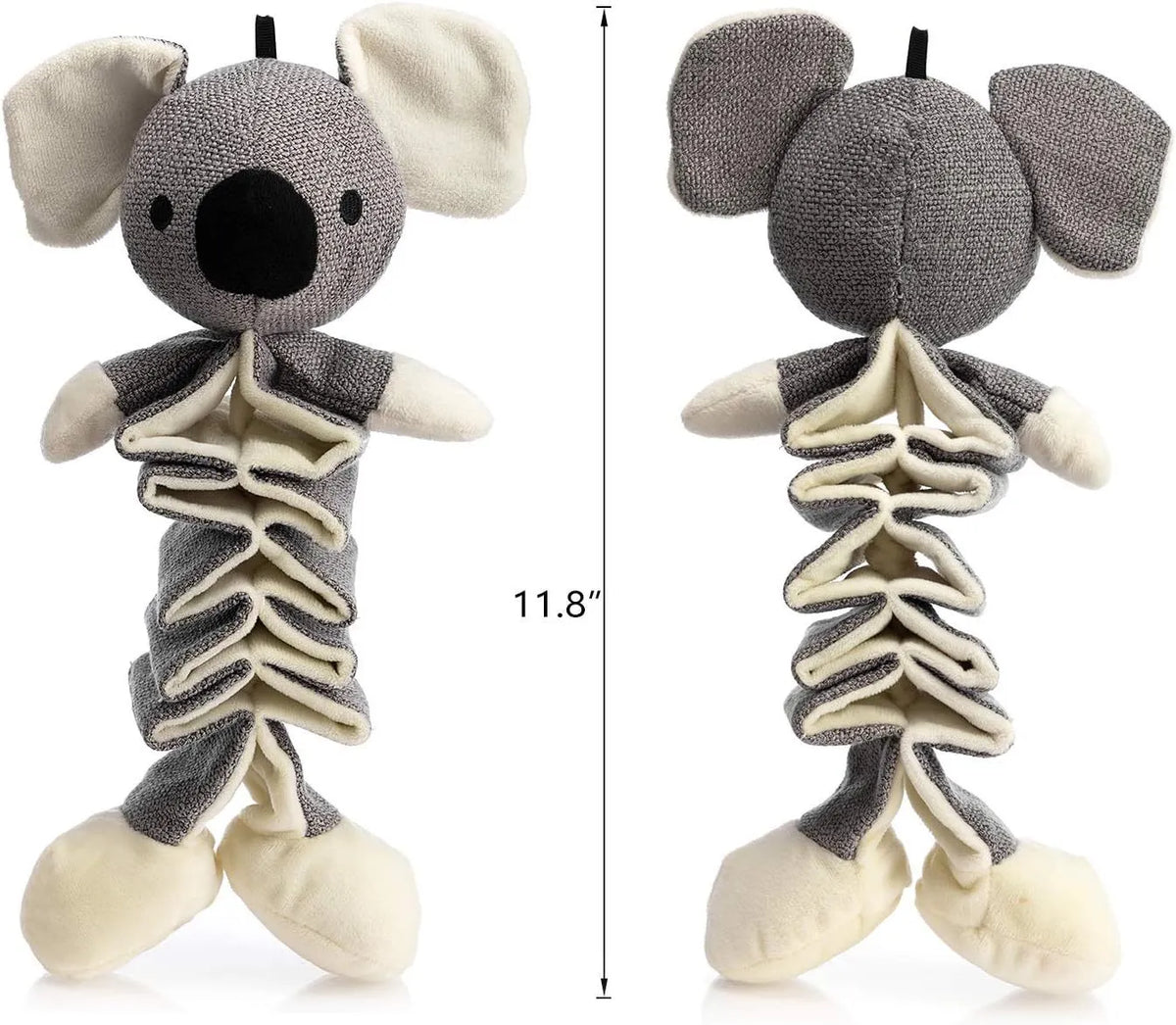 Grey koala plush dog toy with squeaker and crinkle paper measuring 30cm long