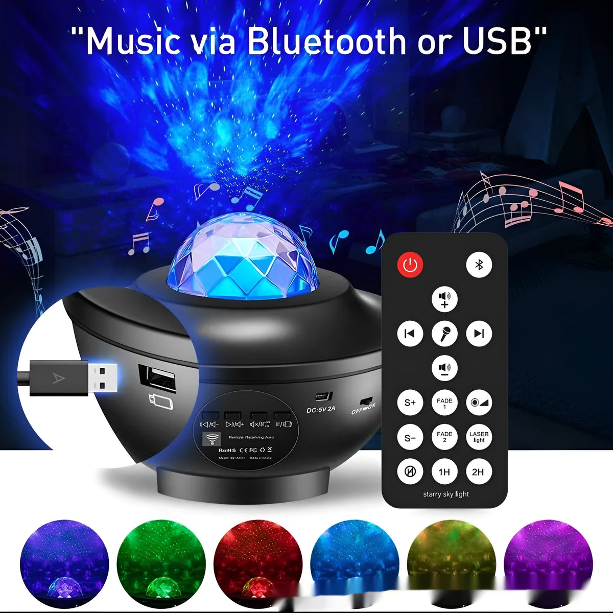 Black parallel style starry sky projection lamp with USB cable and remote control on desktop