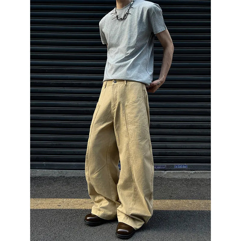 Men's khaki cotton straight-leg trousers laid flat showing solid colour design and casual styling