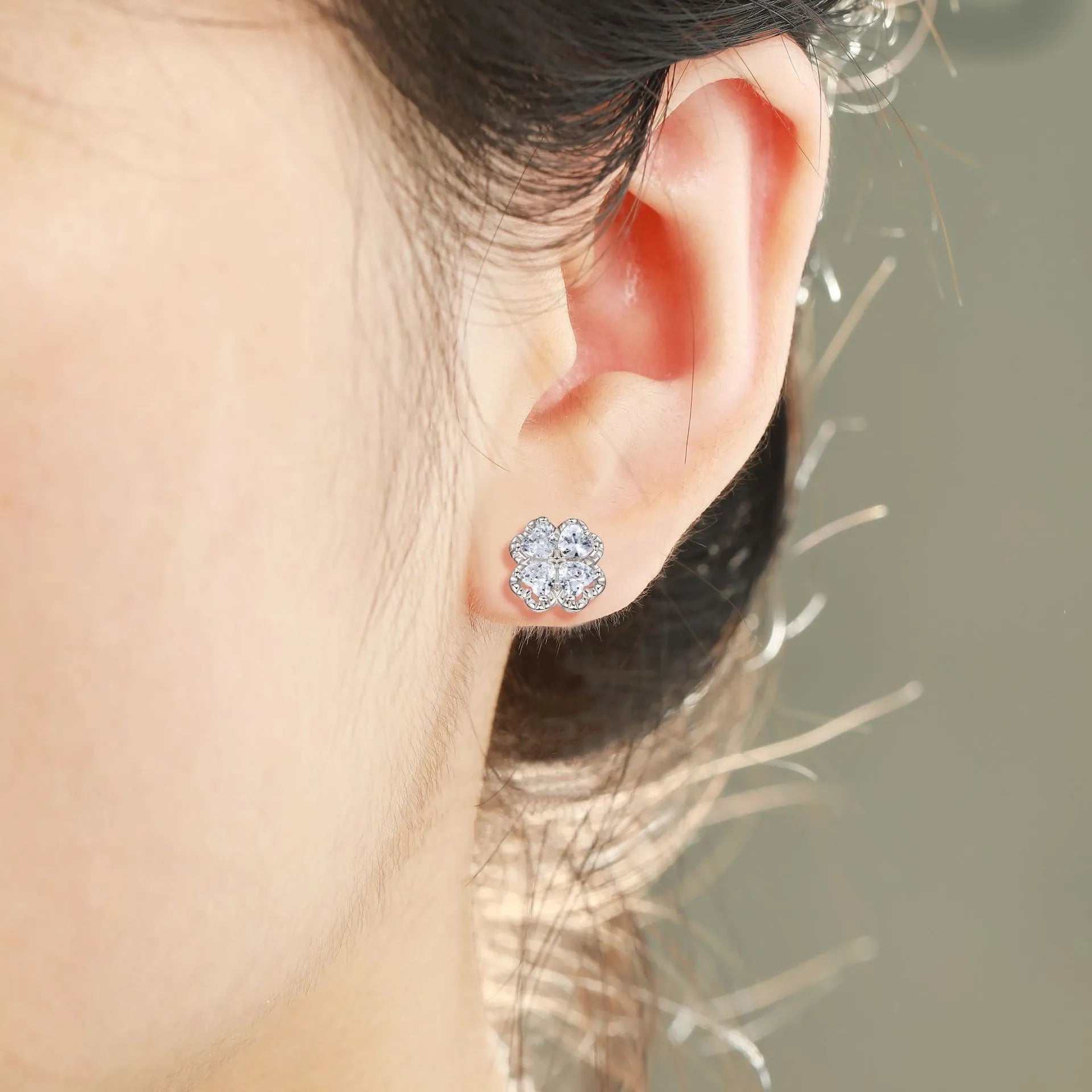 925 silver zircon four-leaf clover heart earrings white gold colour women's jewellery