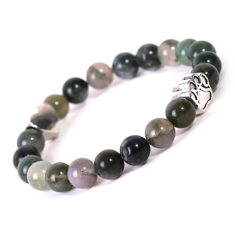 Close-up of a geometric beaded stone bracelet showing texture, style options include Tigereye and Indian Agate.