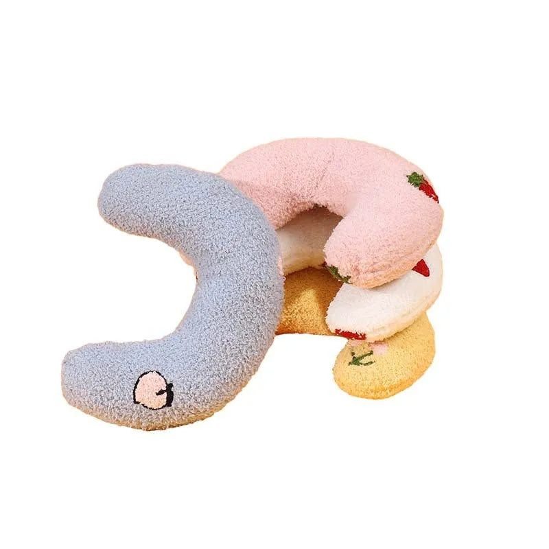 Cat U-shaped half moon pillow bed with cartoon dogs and cats pattern in blue colour