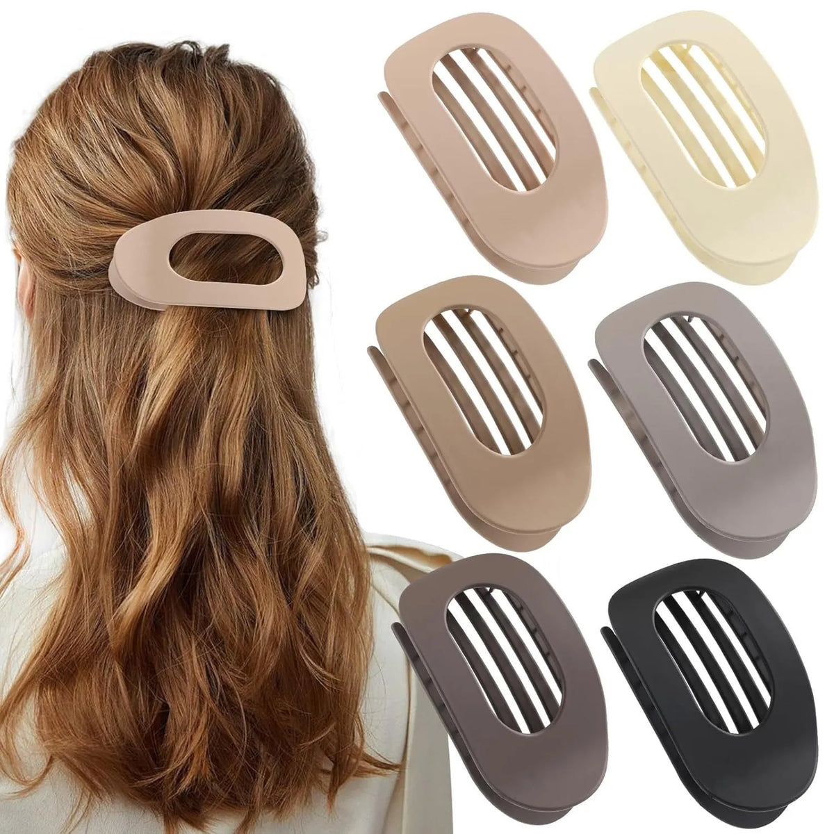 Six plastic hair clips with quadrilateral shape and frosted grip surface in nude and rose red colours