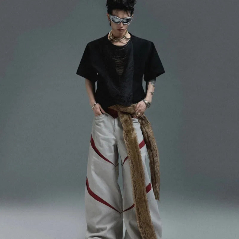 Men's black hollow out V-neck loose fit T-shirt with short sleeves and tassel detail