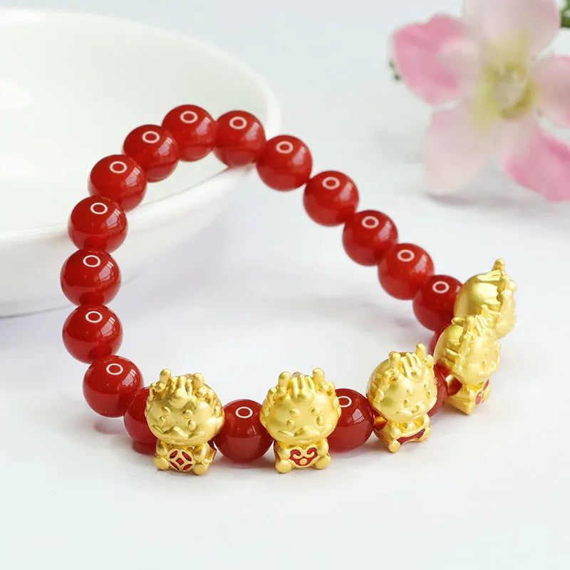 Natural red agate beaded bracelet with Chinese Five Blessing Dragon design on 8mm beads.