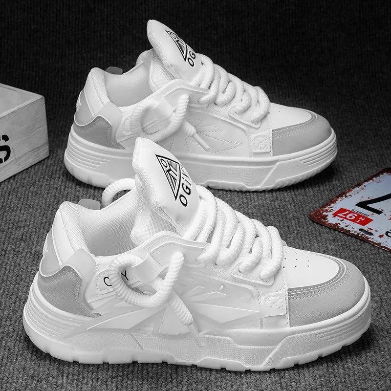 Men's white thick bottom chunky sneakers with lace-up front and round toe.