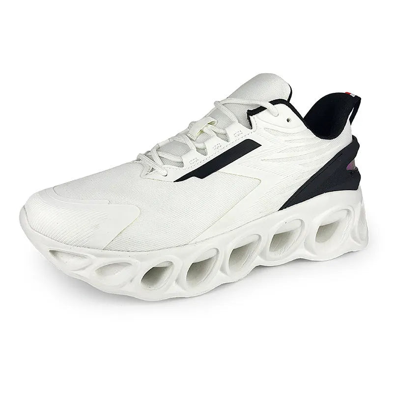 Men's black mesh sports shoes with white sole and round toe lace-up design.
