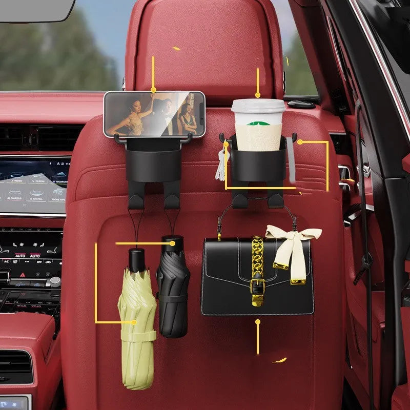 Black plastic car hook seat back organiser with cup holder measuring 8.5x7.1x14.4cm