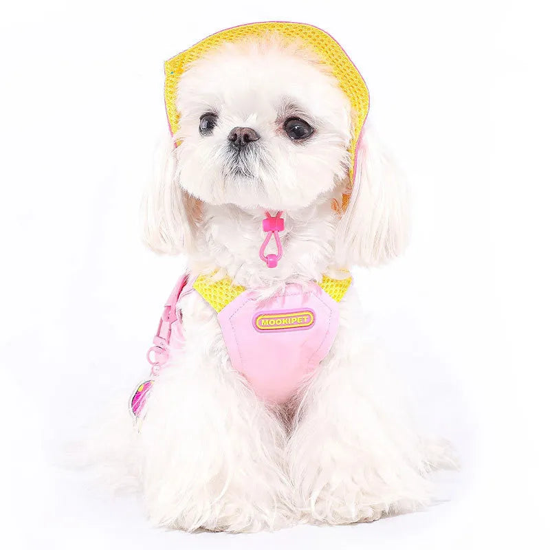 Pink polyester pet vest for small dog breeds on size chart showing XXS to XXL options