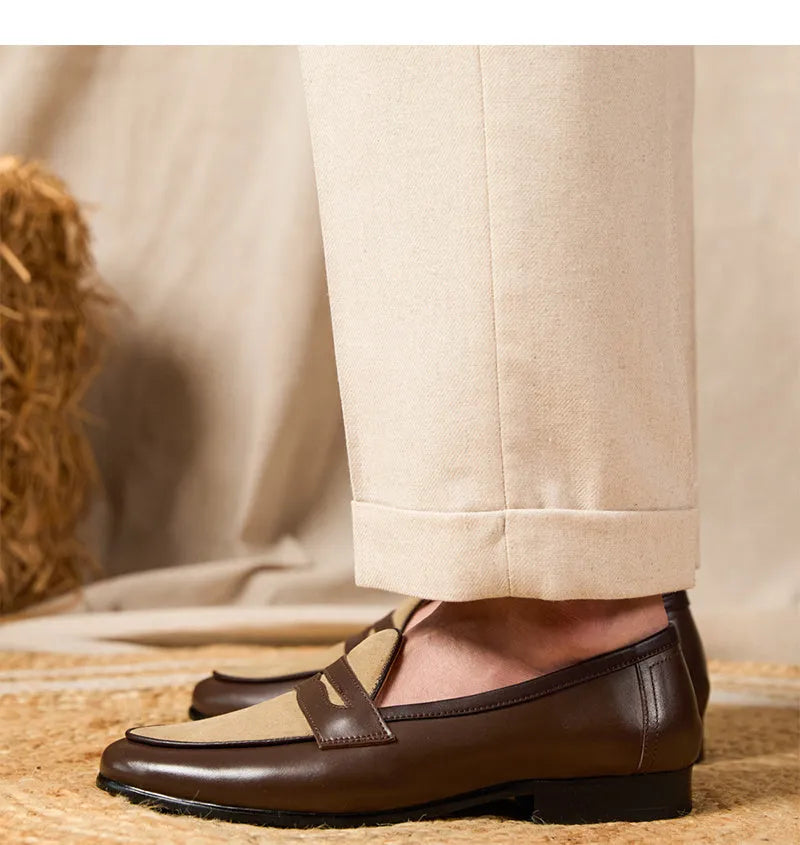 Coffee-grey suede leather men's loafers with a rubber sole and slip-on design