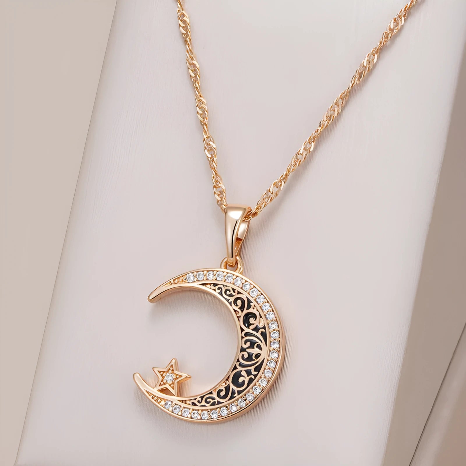 Rose gold star and moon necklace with zircon and enamel pendant on water wave chain