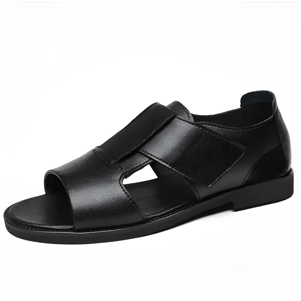 Men's black and brown casual leather sandals with open toe design and rubber soles