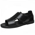 Men's black and brown casual leather sandals with open toe design and rubber soles