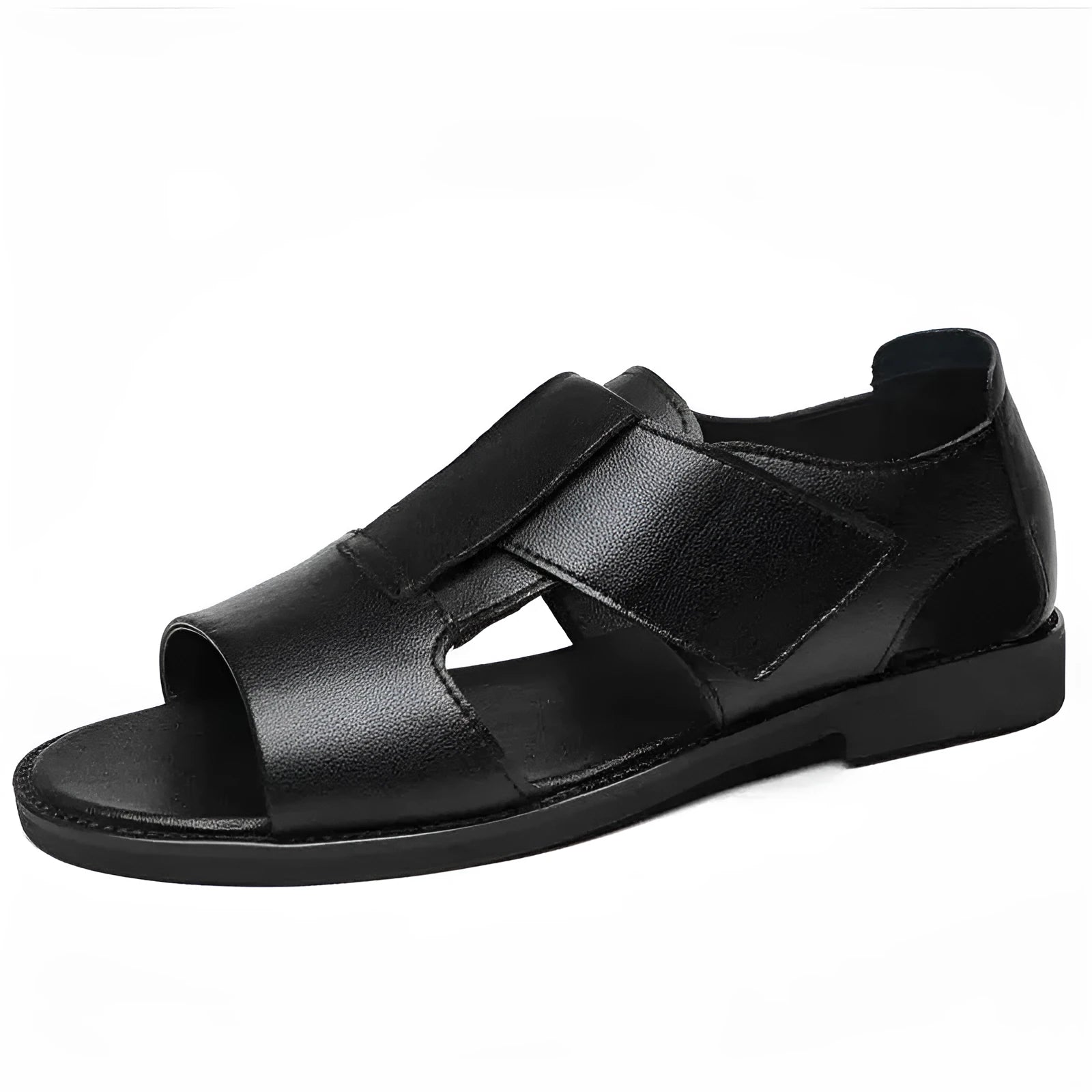 Men's black and brown casual leather sandals with open toe design and rubber soles