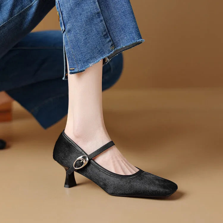 Women's black square toe stiletto heel ankle-strap shoes with a horse hair upper.