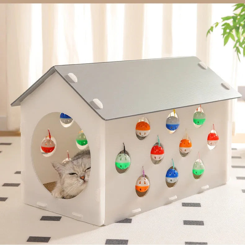 House-shaped cat scratch board with integrated bell ball and tunnel for indoor cats
