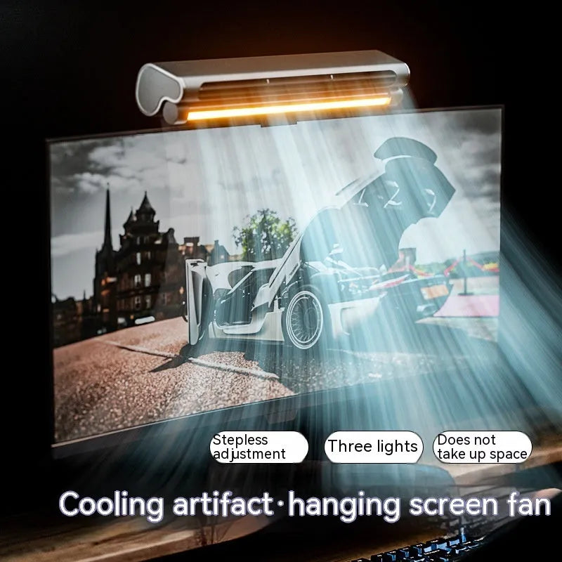 Black clip-on bladeless USB fan with LED lighting mounted on laptop screen showing compact design