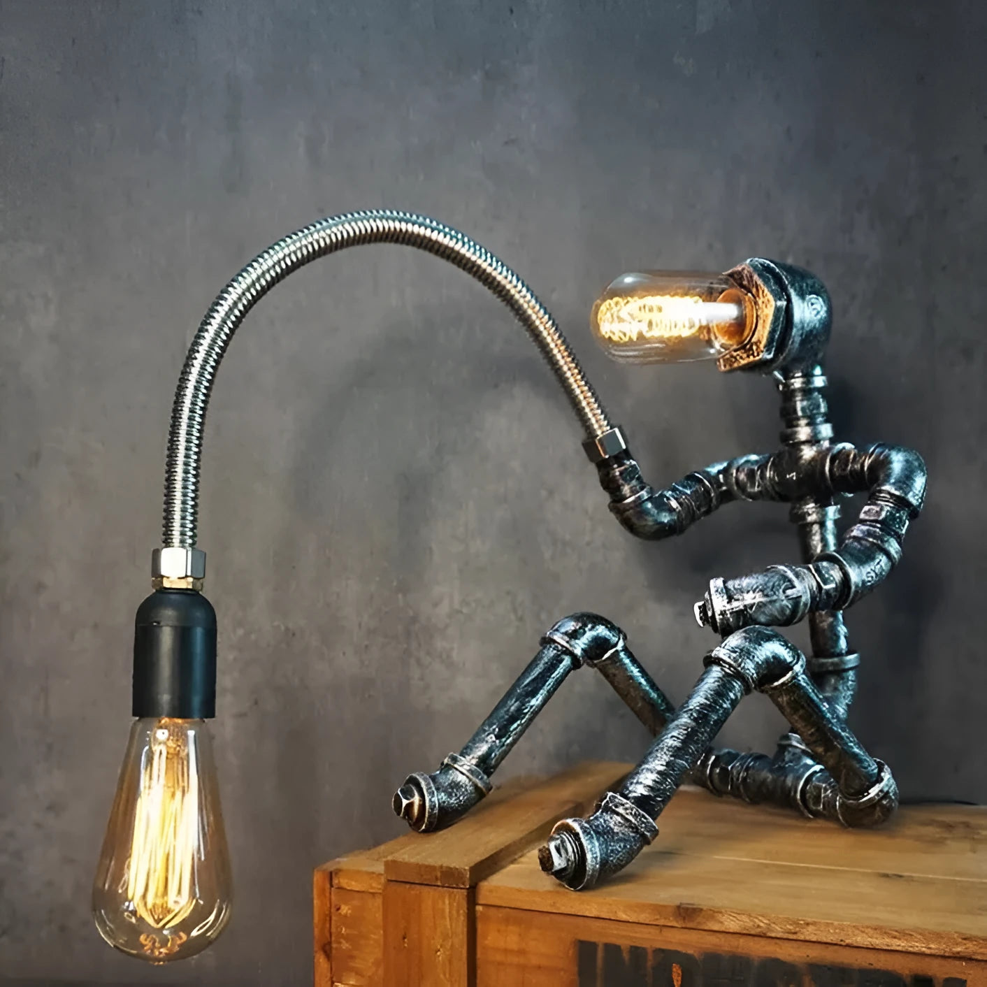 American retro industrial bar style table lamp with a metal iron shade on a desk.