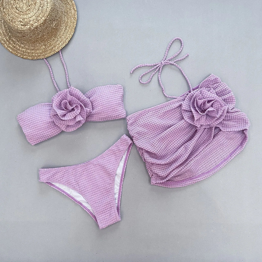 Women's three-piece bikini set with 3D flower split pattern in purple or white