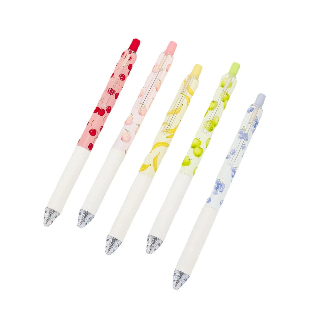 Three fruit-scented press-action pens with 0.5mm quick-drying black ink refills on writing paper