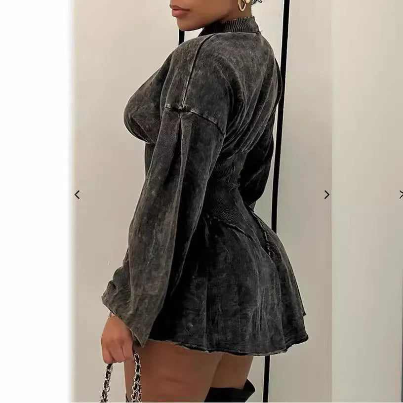 Grey women's slim-fit A-line dress with digital printing, long sleeves, and a zipper detail.