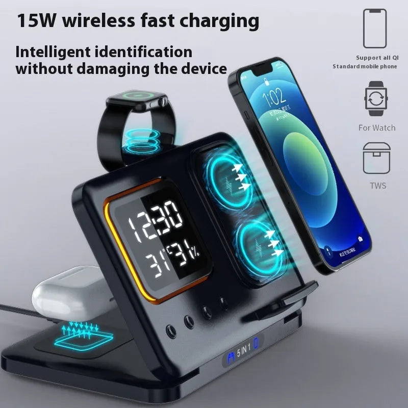 Black or white 5-in-1 wireless charging station with LED display showing time and temperature, charging phone and watch.