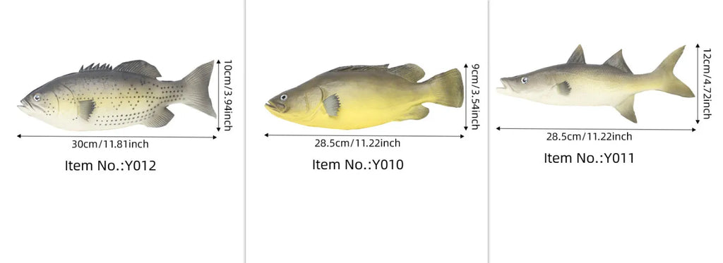 Set of three realistic PU simulated fish ornaments: yellow-fin tuna, small tuna, and yellow croaker.