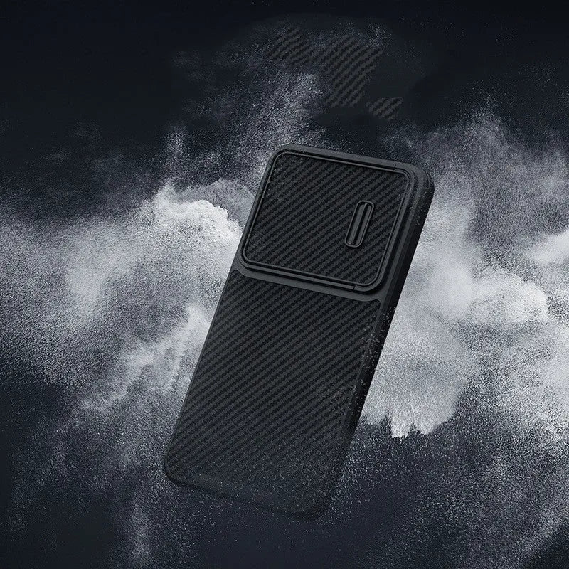 Black Samsung S23 Ultra phone case with a flip-up camera lens cover, showing TPU and carbon fibre materials.