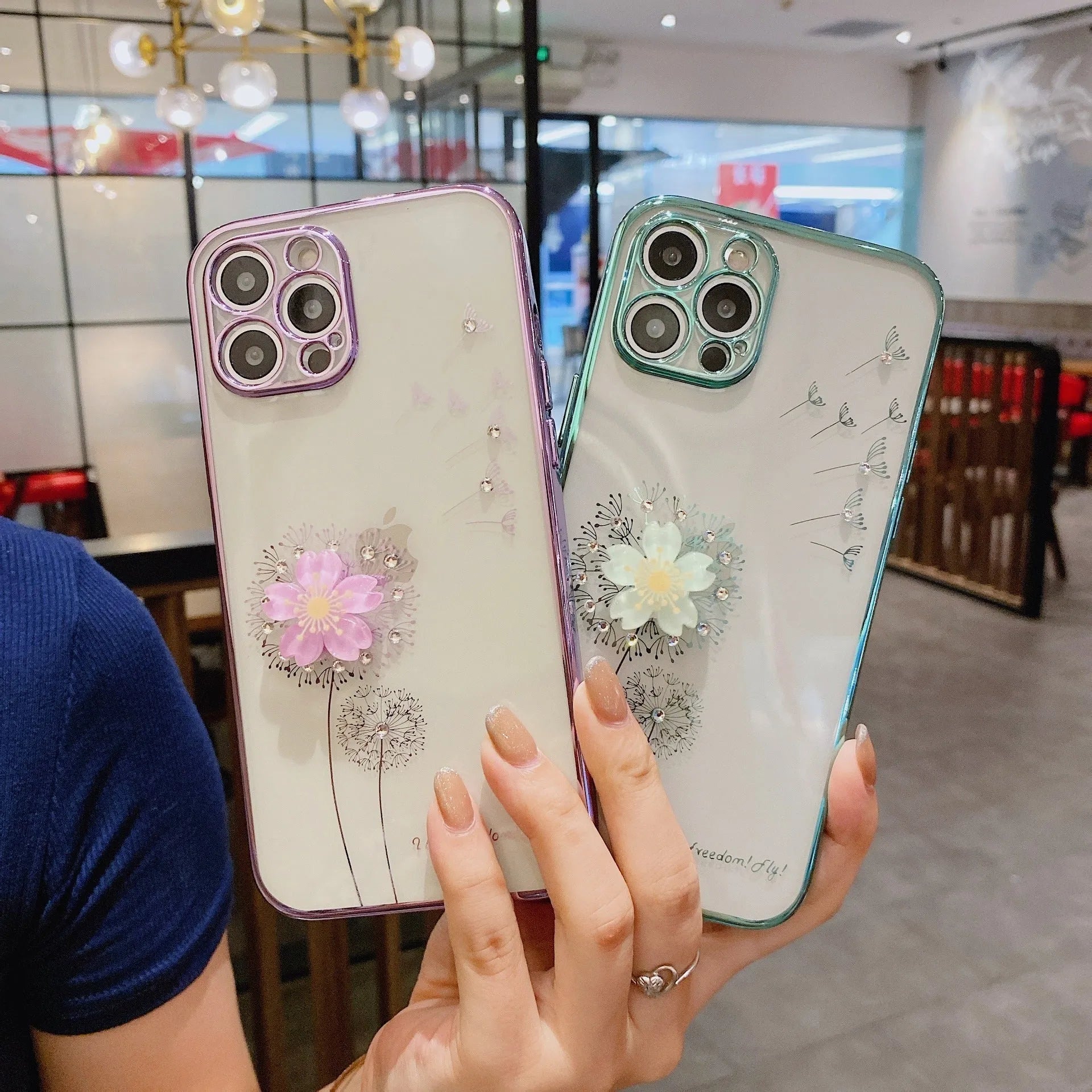 Green TPU phone case with rotating 3D flower stand holder for iPhone with built-in screen protector