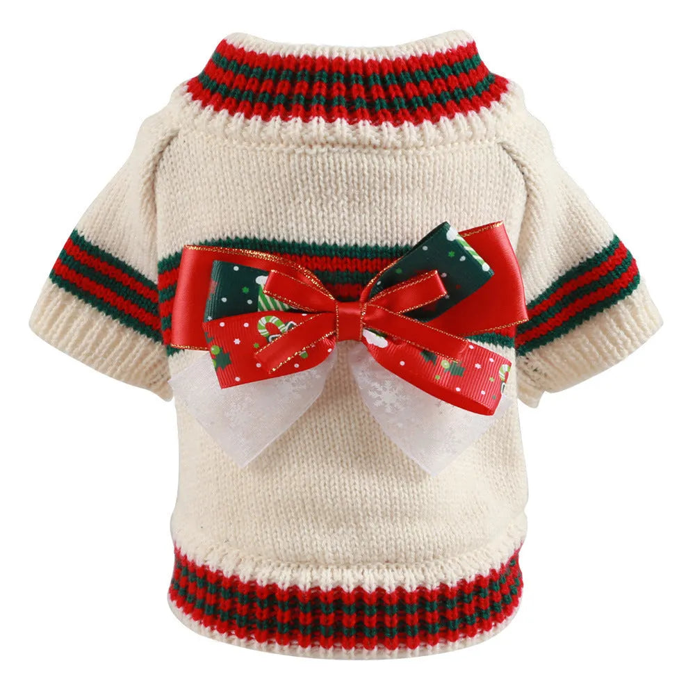Red Christmas-themed dog jumper with festive pattern on small breed dog