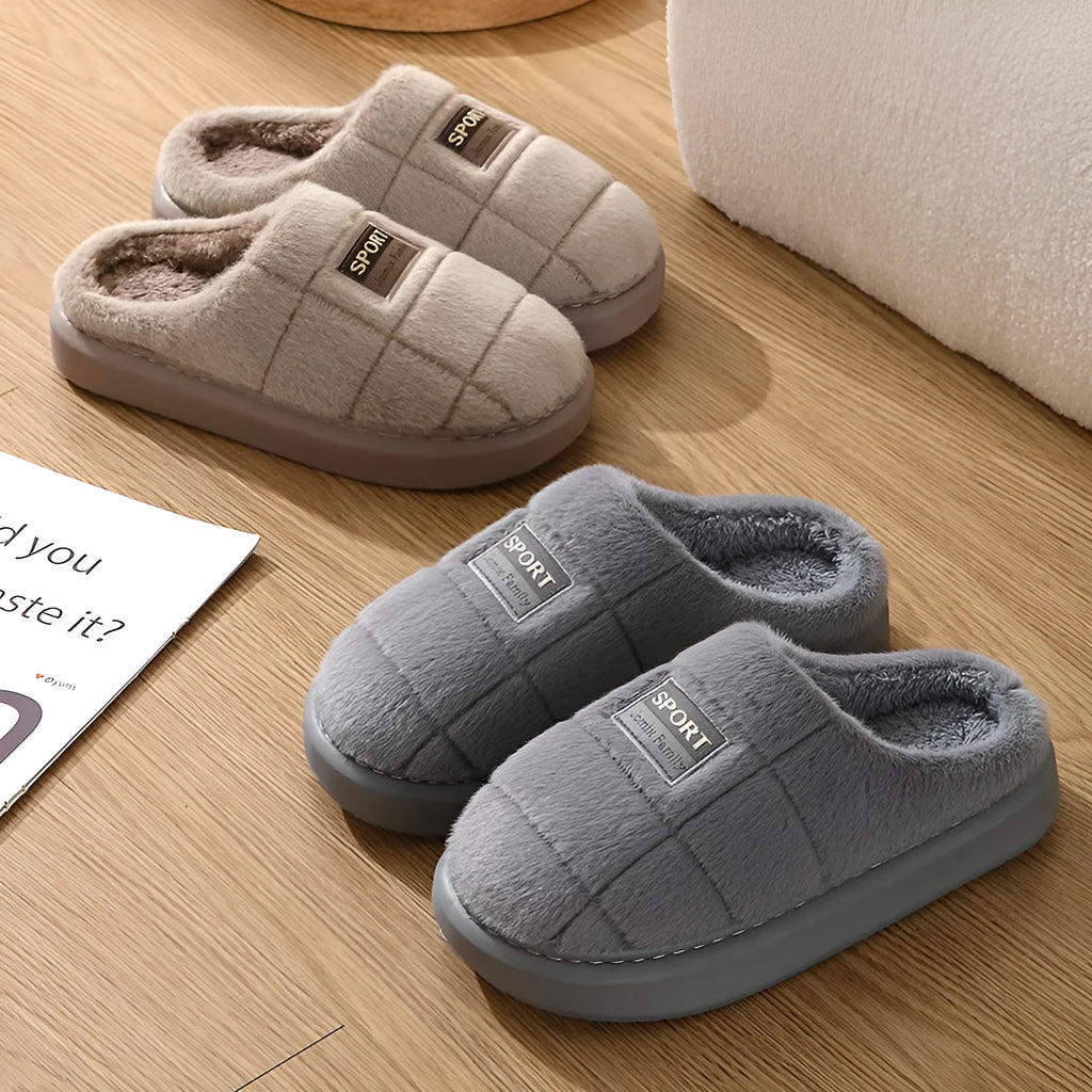 Men's plaid pattern slippers with thick sole and artificial wool lining in grey and brown colour options