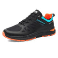 Men's plus size outdoor running shoes with breathable mesh surface in black colour with orange accents