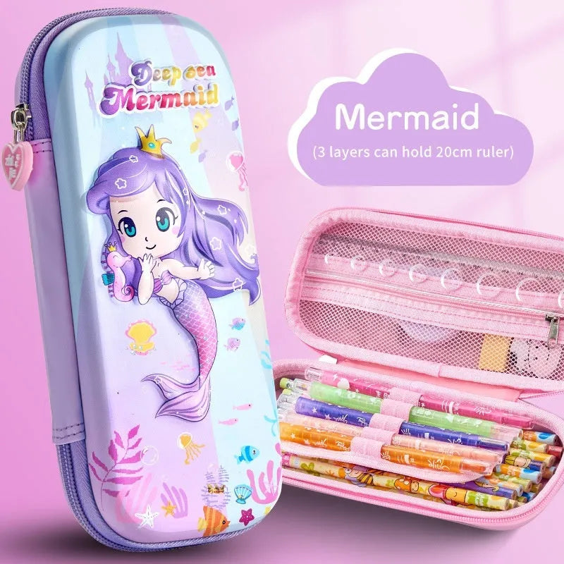 3D leather pencil case showing embossed astronaut and dinosaur design options.