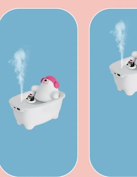 White USB air humidifier with 550ml tank and dual mist modes on a desk