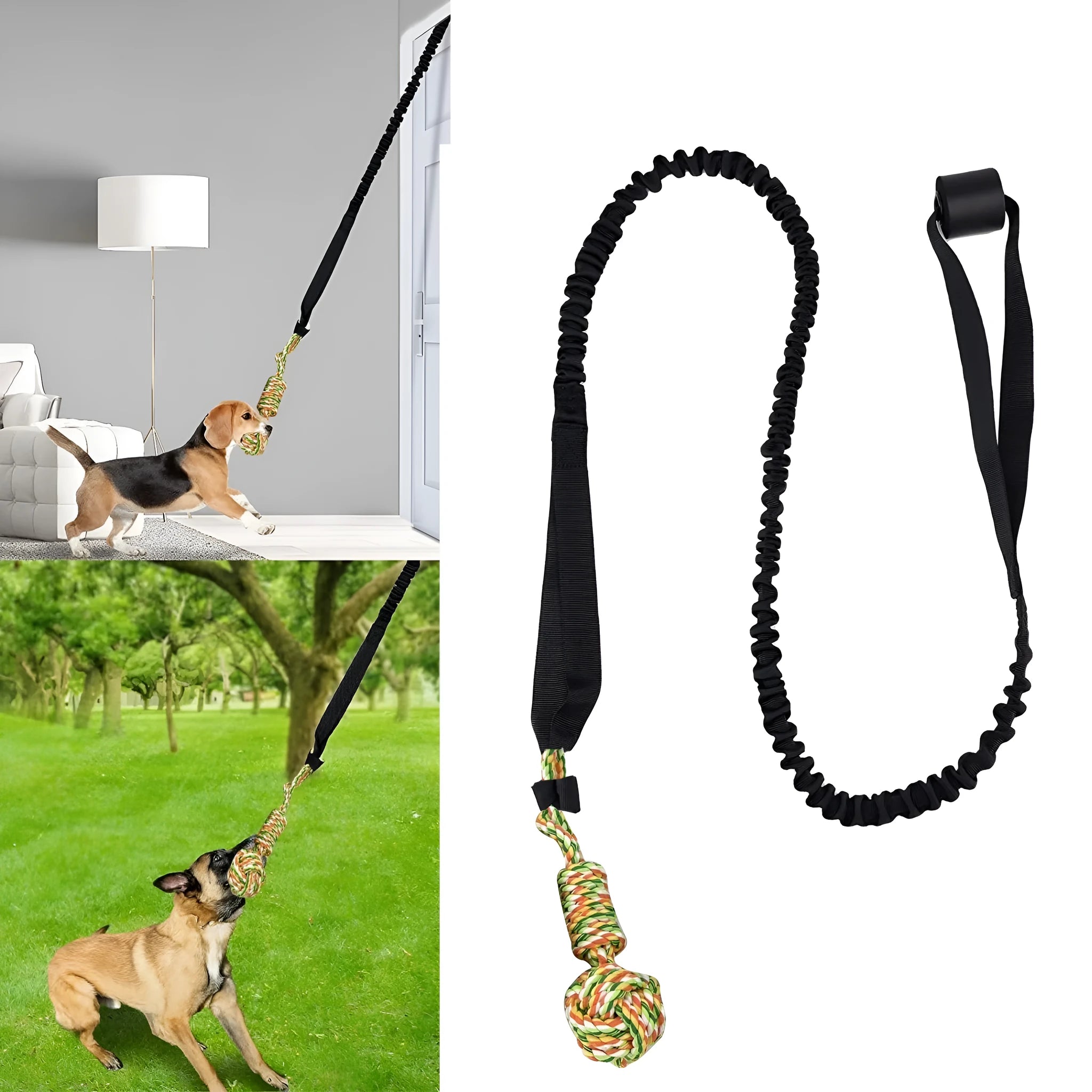 Braided cotton dog tug-of-war rope toy in black, grey, and red colour options