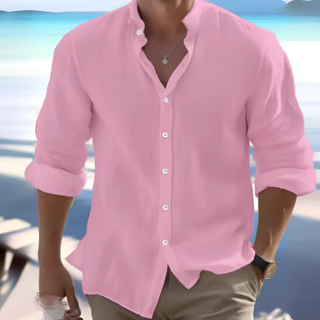 Men's long-staple cotton summer shirt in light blue with button front and casual collar