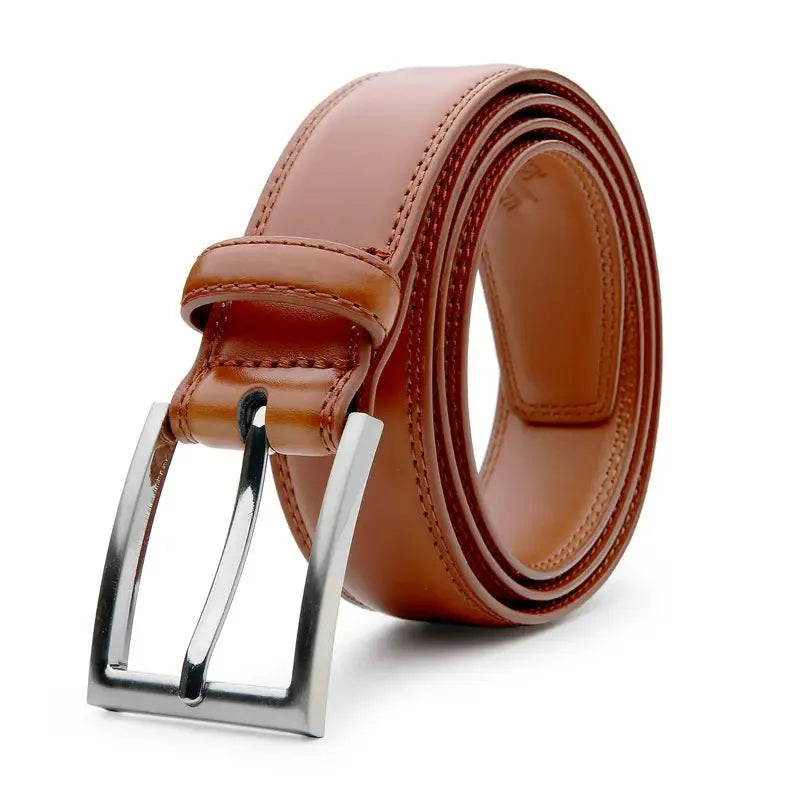 Men's brown genuine leather belt with wild grain pattern and alloy buckle on a white background