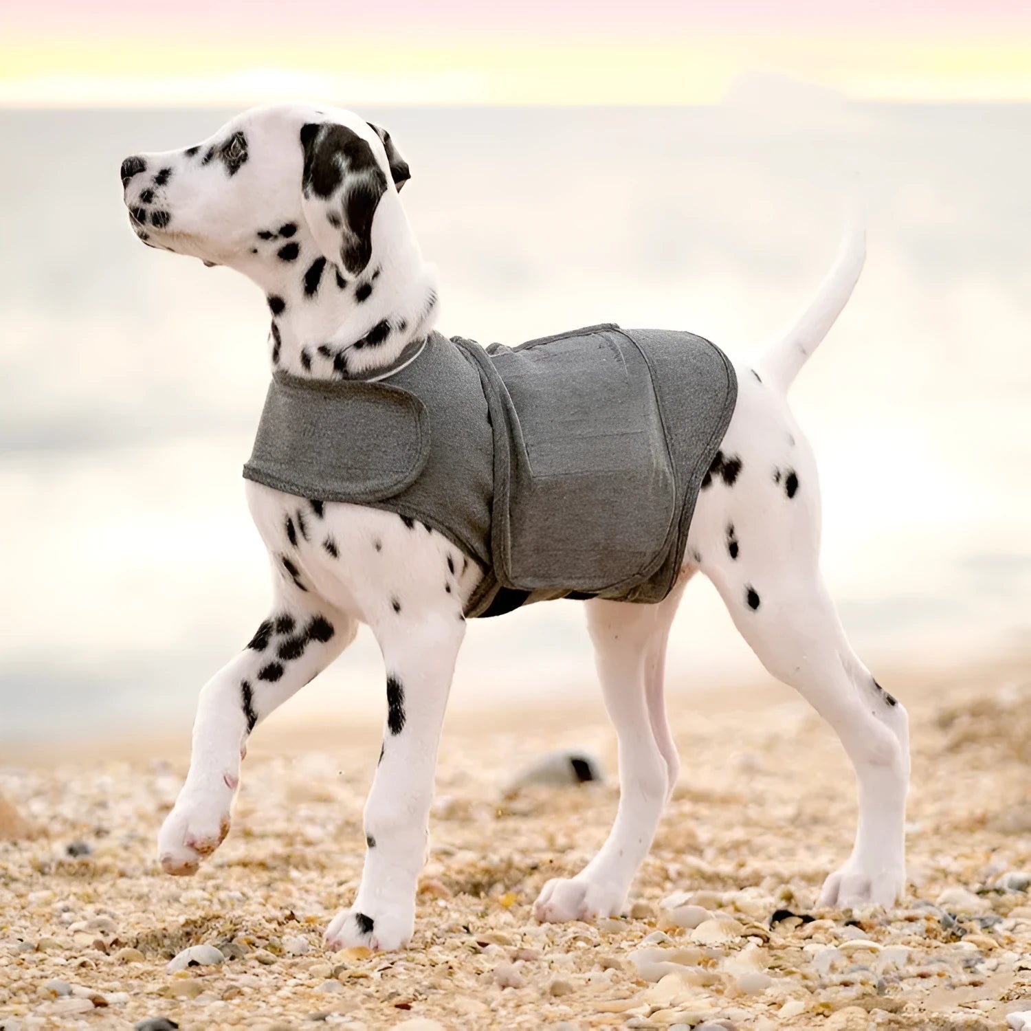 Heather grey dog anxiety calming vest jacket made from soft brocade cotton fabric on a medium-sized dog.