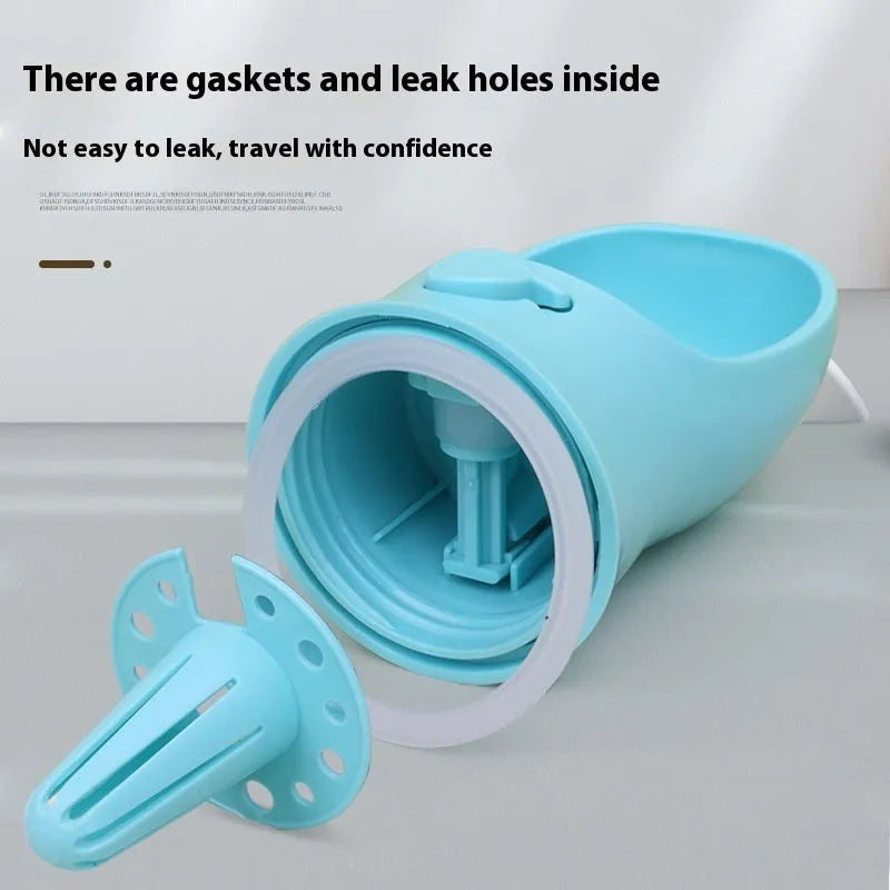 Blue portable plastic dog water bottle with attached drinking cup for walks