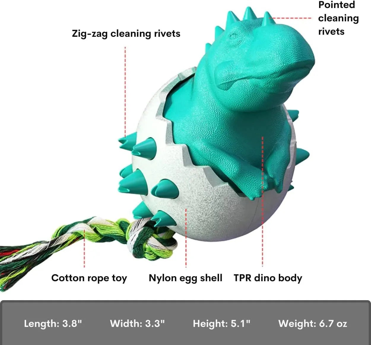 Durable dinosaur-shaped dog chew toy with rope attached, shown in blue colour