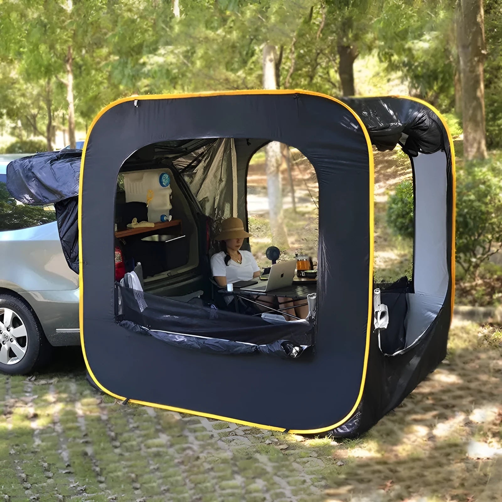 Black pop-up car tailgate tent unfolded to 200cm, showing quick-throw design and optional steel support rods.
