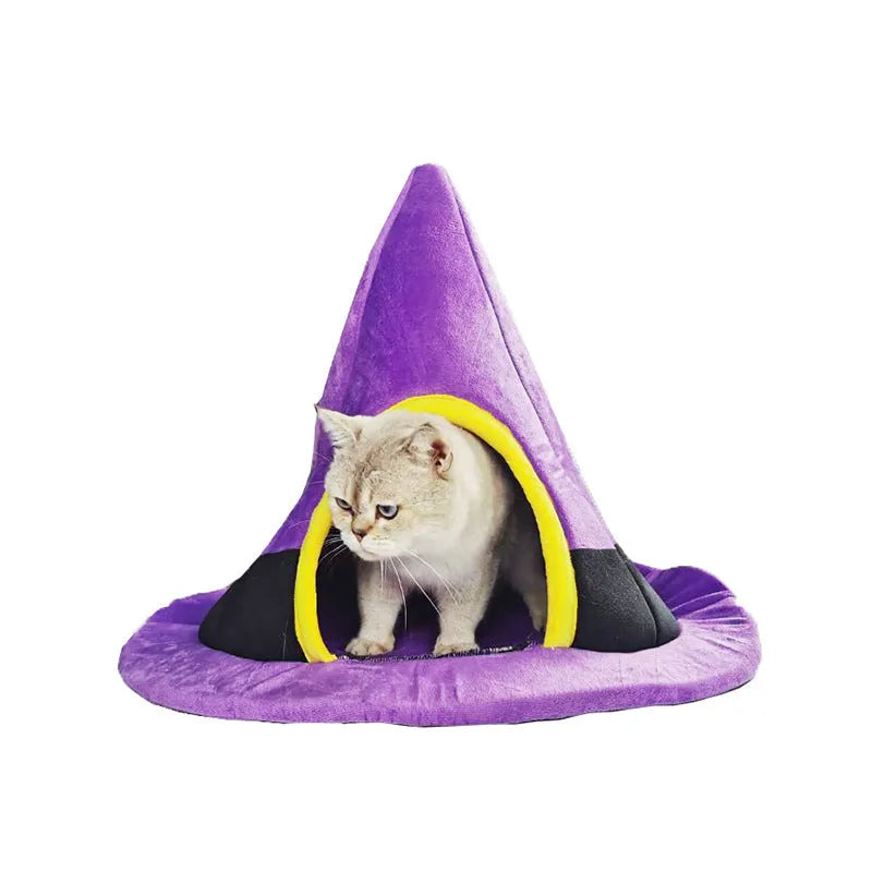 Purple Halloween witch hat shaped cat bed measuring 60 by 45 centimetres