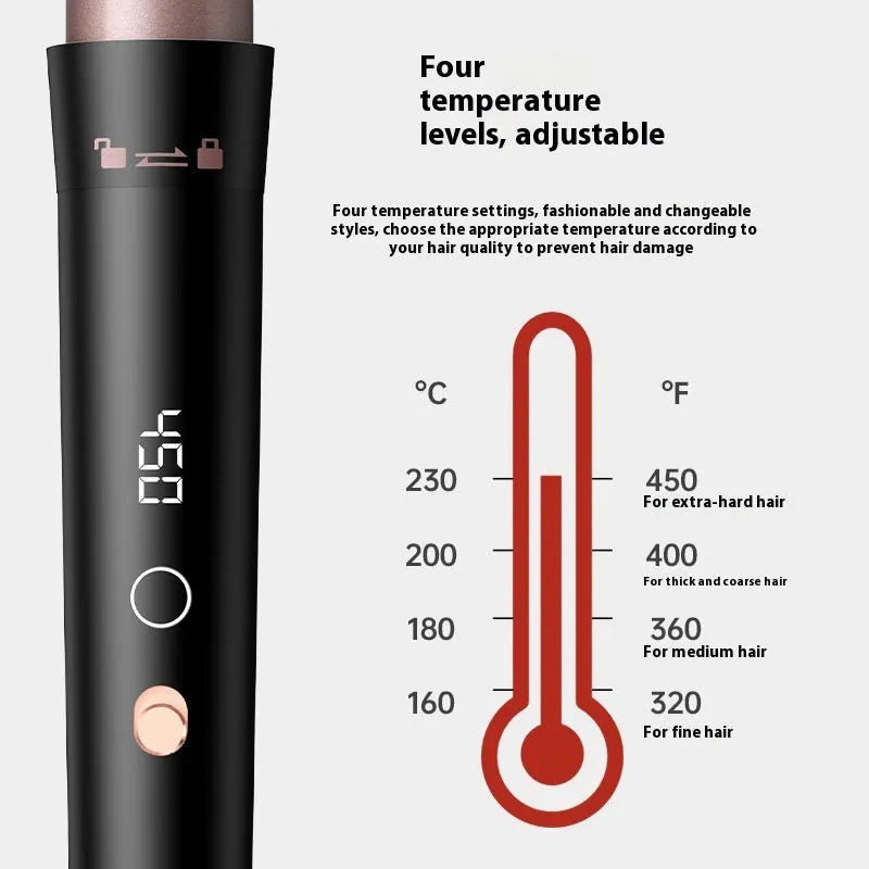 Rose gold multifunction hair curler with five tube attachments and LCD display screen
