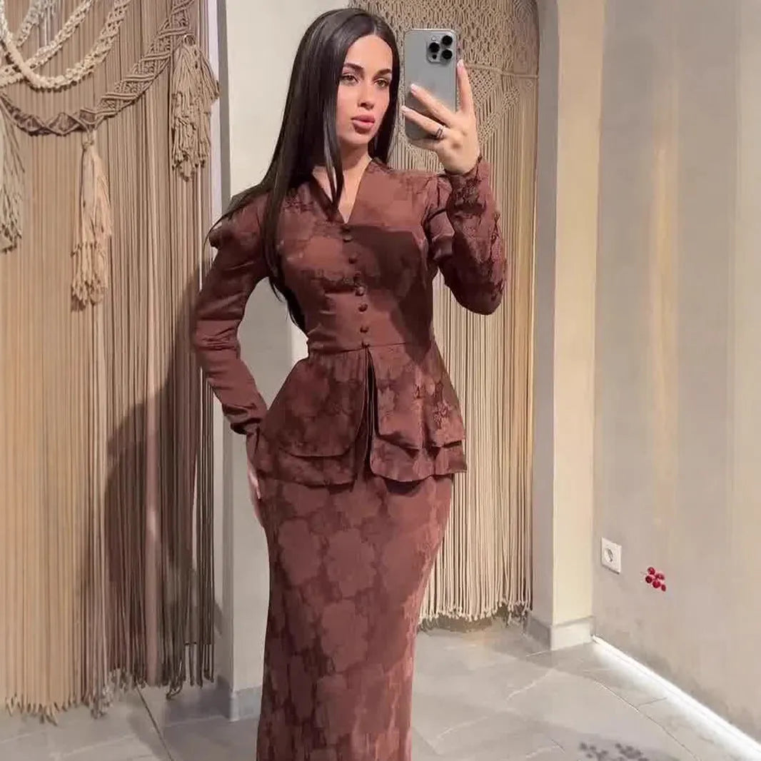 Dark brown long sleeve pullover dress with artistic retro floral print and button-front detail